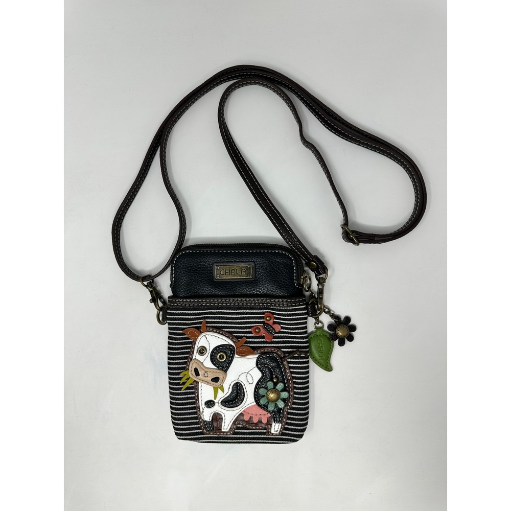 Chala Cow Crossbody Cell Phone Purse Striped Canvas Faux Leather Black Brown